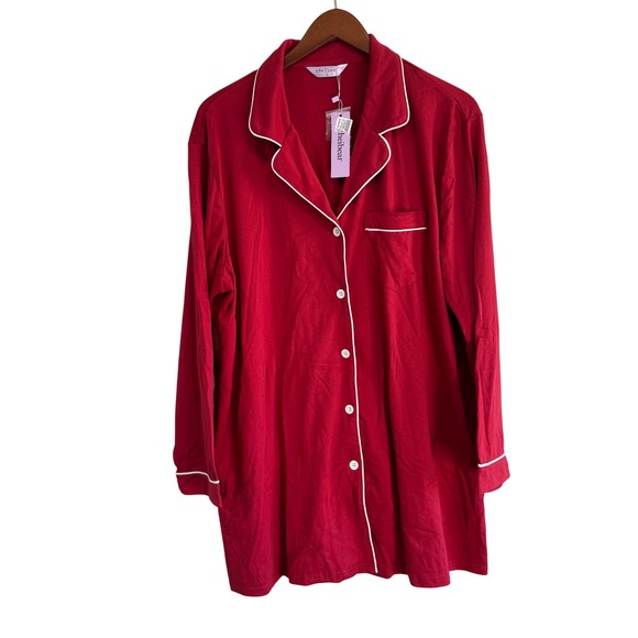 Cheibear Womens Long Sleeve Button Down Nightshirt Red Sleep Dress Size L NEW - Picture 7 of 9